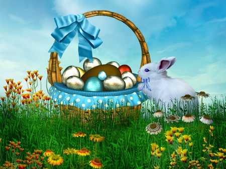 Easter time - pretty, rabbit, egs, beautiful, meadow, freshness, bunny, easter, flowers, basket, holiday, time, ribbon, background, sky