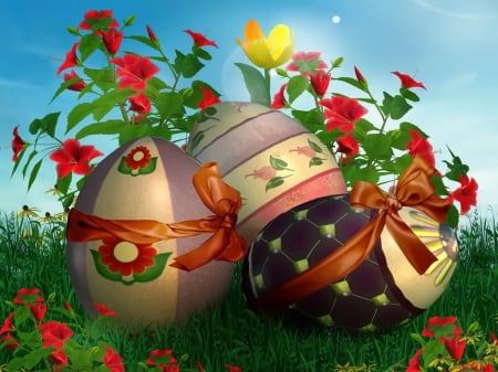 Easter eggs - freshnews, sky, colorful, easter, meadow, time, lovely, eggs, pretty, beautiful, flowers, grass, fiels