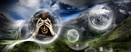 Thought that Hurts - thought, globes, man, clouds, pain, mountains, head, spheres