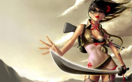 SOOKIE - gun, sookie-warrior, girl, hills, tip, sookie, red lips, fantasy, wind, cool, daytime, clouds, red, anime, sword, huge