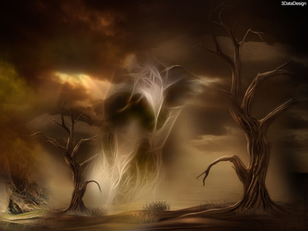 Spirit of the Dead Desert - trees, desert, spirit, face, sand, fractal