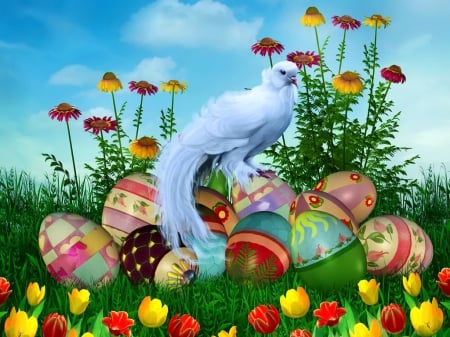 Easter day - nice, sky, freshness, magic, easter, field, meadow, time, spring, white, pretty, birs, holiday, grass, day, lovely, ewggs, fairytale, beautiful, flowers, fantastic