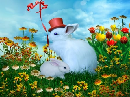 Easter joy - pretty, eggs, fun, rabbits, balloon, beautiful, grass, meadow, freshness, bunny, joy, easter, flowers, white, sky