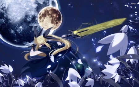 Fate Testarossa Harlaown - pretty, anime, magic girl, magic, female, dress, night, stars, dark, flowers, ribbon, weapon, nice, eautiful, sky, moon, anime girl, twintails, beautiful, long  hair, sword, blonde hair, beauty, cool, petals, red eyes, knight, fantasy, Fate Testarossa Harlaown, awesome, lights, gloves