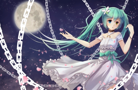 Beautiful night - pretty, anime, vocaloid, female, dress, hatsune miku, night, green eyes, green hair, long hair, stars, dark, music, nice, satrs, sky, blue eyes, moon, anime girl, game, beautiful, singer, blush, beauty, sweet, petals, petlas, chains, miku, lights, cute