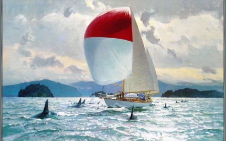 Sailing With The Whales - sea, sails, red, whales