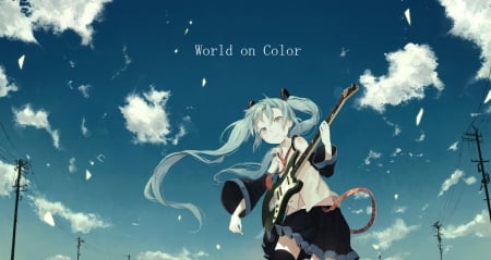 World on Color - nice, dreams, beauty, sky, female, guitar, music, singer, instrument, anime girl, pretty, game, clouds, anime, miku, ribbon, cute, hatsune miku, skirt, twintails, blue eyes, long hair, blue hair, vocaloid, beautiful, sweet