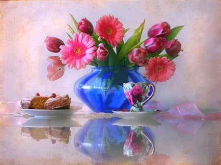 Cake and Gerbers - flowers, vase, gerbers, blue, cake