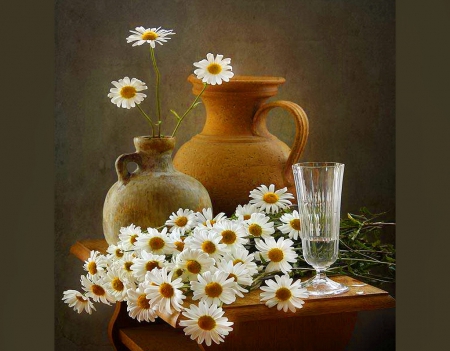 Still life - daisies, jugs, flowers, glass