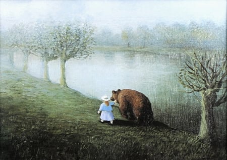 Girl and Grizzly - Paint, Nature, Kale, Bears, Lake