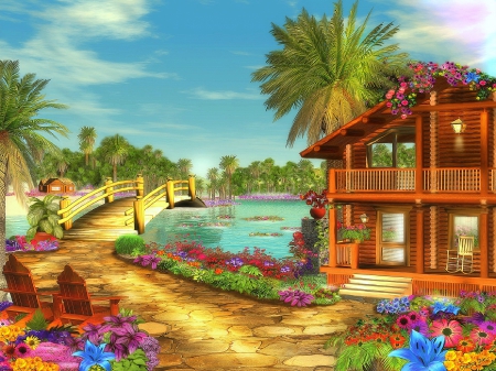 ✼Island of Paradise✼ - summer, attractions in dreams, scenery, creative pre-made, chairs, island, drawings, flowers, butterfly designs, sidewalk, seasons, paradise, most downloaded, houses, bridges, paintings, digital art, scenic, architecture, dreams, coconut trees, nature, lakes, love four seasons, gardening