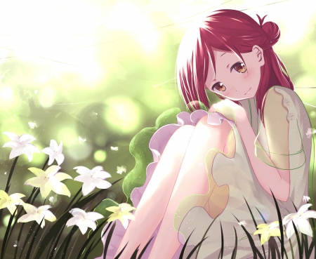 Lil' Missy - pretty, anime, kawaii, female, blossom, dress, long hair, sit, nice, sitting, anime girl, beautiful, girl, beauty, lovely, sweet, flower, cute, adorable, floral