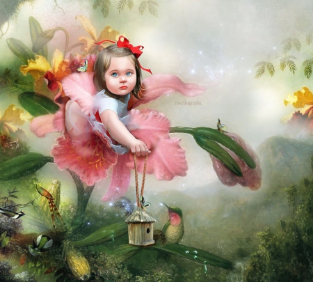 Cute Child - girls, love four seasons, seasons, photomanipulation, beautiful, models, abstract, girl, butterfly designs, fantasy, softness beauty, emotional, child, flowers, spring, weird things people wear, digital art, beautiful girls, butterflies, creative pre-made, lovely, female, colors, la fleur magique