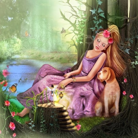 Elfeendormie - girls, animals, fantasy, creative pre-made, spring, pretty, digital art, softness beauty, dogs, fairies, birds, butterflies, elf, lady, background, models female, beautiful girls, mixed media, lovely, abstract, love four seasons, fantasy girls, weird things people wear, dog lovers, beautiful, seasons, butterfly designs, colors, flowers, elf slept