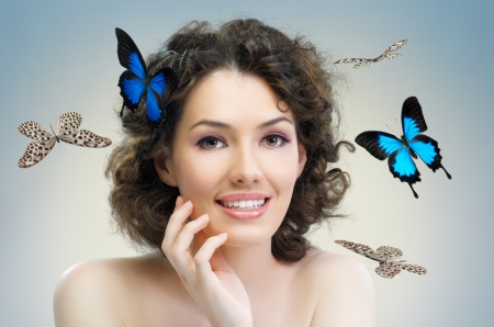 Lady with Butterflies - butterflies, lady, model, blue