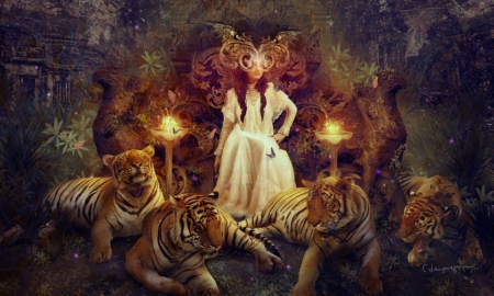 The tiger Temple - lady, fantasy, tiger, temple