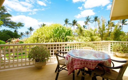 Balcony - table, balcony, trees, sky