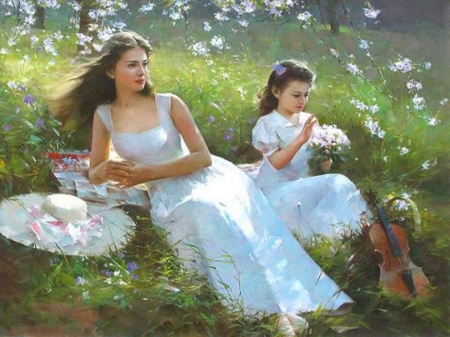 Painting - field, flower, lady, painting