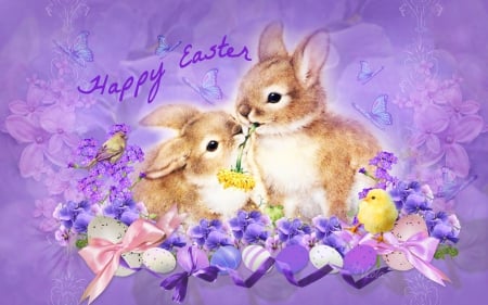 Easter Bunnies - Viola Tricolor, bird, rabbit, Easter eggs, buttterflies, chick, spring, Bunny, Easter, pansies, flowers, purple, bunnies, violet, bow