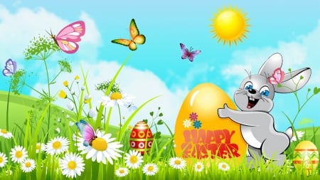 EASTER GARDEN - BUNNY, EGG, EASTER, FLOWERS