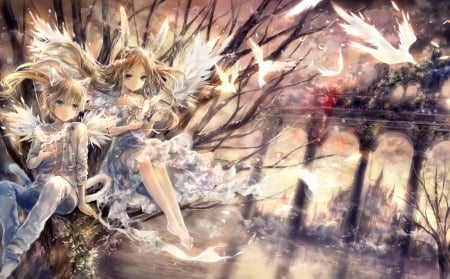 Moment - pretty, bird, anime, kitsune, female, wing, scenery, romantic, ears, scene, dress, romance, angel, boy, male, nice, gown, anime couple, neko, anime girl, girl, scenic, feather, lovely, sweet, wings, couple