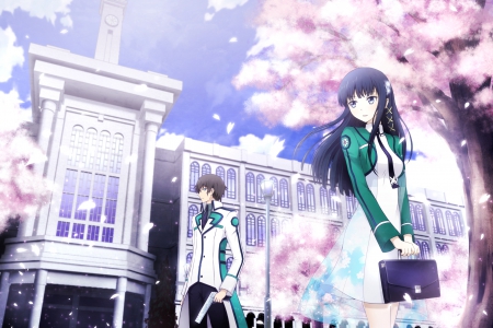 Blossoms - nice, beauty, female, anime girl, sweert, cherry blossom, pretty, petals, anime, sakura blossom, house, scene, male, building, couple, girl, lovely, sakura, floral, beautiful, boy, blossom, scenery, flower