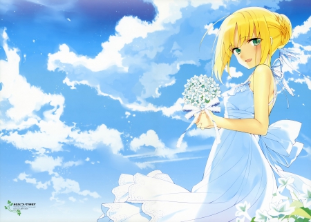 Peaceful - flower, blond hair, maiden, beautiful, blossom, bouquet, blonde, anime girl, girl, blond, blonde hair, lady, scenery, scenic, cloud, beauty, fate stay night, anime, dress, sky, scene, female, saber