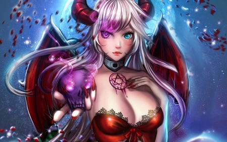 Succubus - blue, girl, pink, skull, horns, succubus, fantasy, red, wings, demon