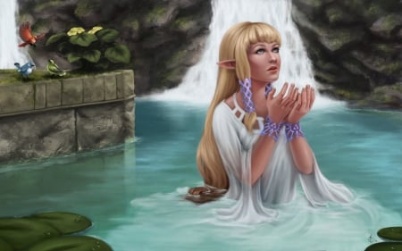 The legend of Zelda - The legend of Zelda, fantasy, water, blue, girl, blonde, pray