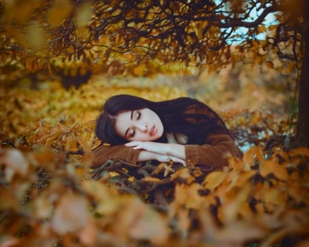 Autumn - woman, leaf, autumn, lying