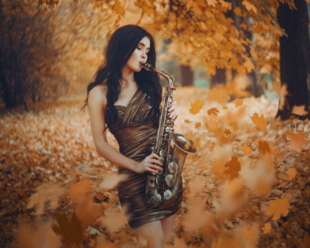 Autumn melody - leaf, instrument, woman, autumn