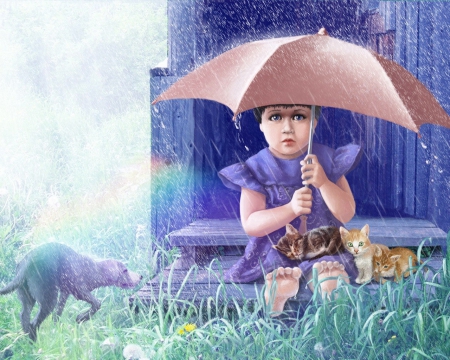 SITTING IN THE RAIN - painting, rain, dog, child, kitten