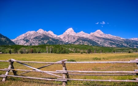 Grand Teton Mountains, Wyoming - field, mountains, usa, fence