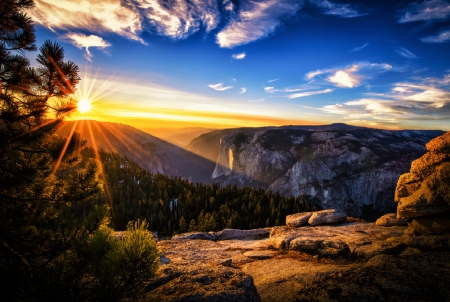 Sun Rise - trees, clouds, light, sun, mountains