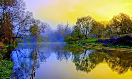 The cold and the Sunny side of Life - water, reflection, river, spring, trees, sun, autumn