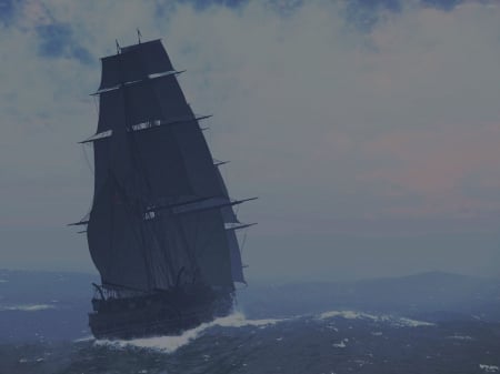 Ghost Sailor - water, sailship, sailing, sea, waves, mist