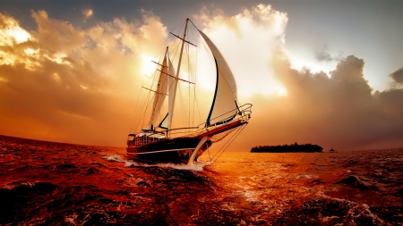 Amazing Sail - clouds, siling, sunset, sea, sun, sky