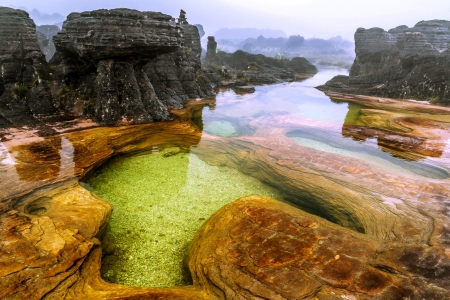 Natural Sandstone Pools - Venezuela, beautiful, Roraima National Park, Mountain, crystal water, cloudy day, morning mist