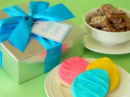 For You~Happy Easter! - toffee, present, dishes, Easter, bowl, cookies, ribbon, gift, bow, dish