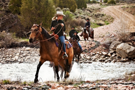 Crossing The Creek - horses, trees, cowboys, water, cowgirls, road, rocks, creek