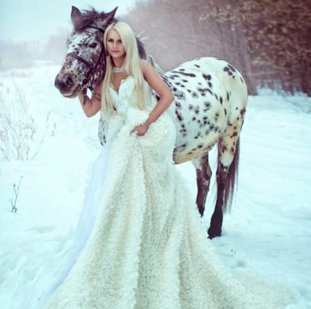 Beauty with Horse - white, horse, winter, lady