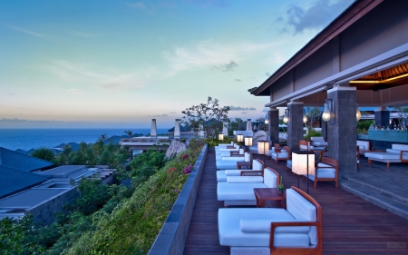 Beach resort - beach, bench, balcony, resort, sky