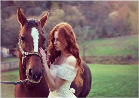 Shhhhh - horse, lady, together, redheads, beauty, love, girl, abstract