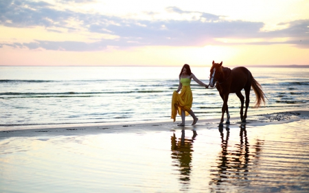 Beautiful day at the beach - woman, sky, beach, horse, animal