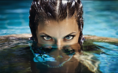 The look - woman, girl, eyes, blue, beautiful, water, wet, look