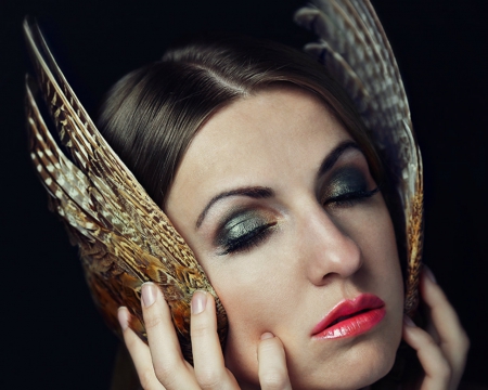 Pretty face - face, model, makeup, feathers, woman