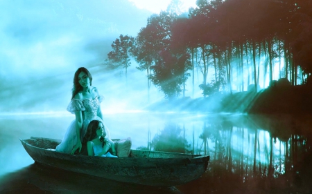 Sisters in the lake - trees, night, woman, boat