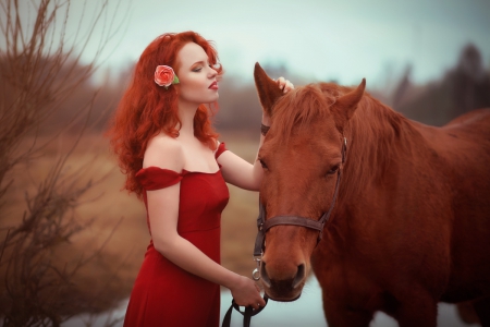 Redhead beauty - woman, redhead, horse, model