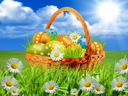 Happy Easter! - nice, sky, freshness, colorful, easter, basket, meadow, spring, eggs, pretty, clouds, holiday, daisies, grass, lovely, photoshop, beautiful, flowers, happy