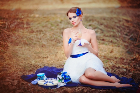 Beautiful woman - woman, drink, glass, flowers, model